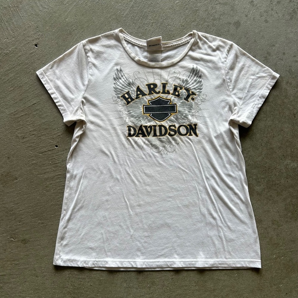 Vintage Harley Davidson Shirt Womens Medium White Y2K Angel Wings Naples Florida